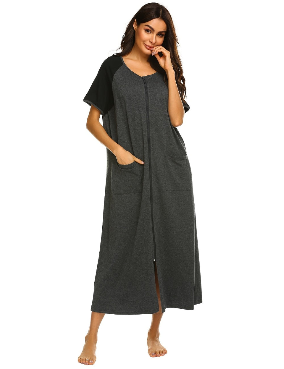 Plaid Zipper Pockets Sleepshirt