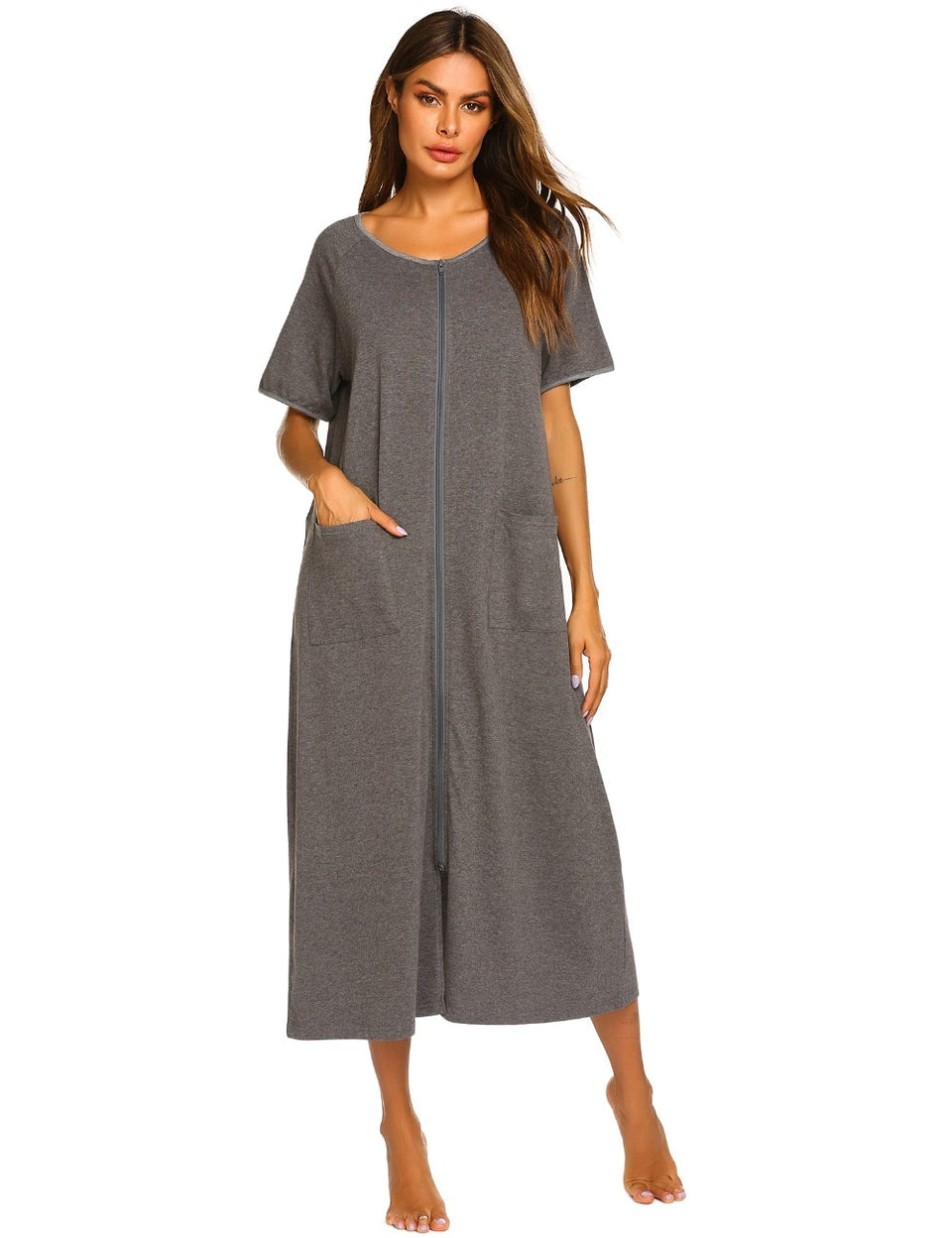 Plaid Zipper Pockets Sleepshirt