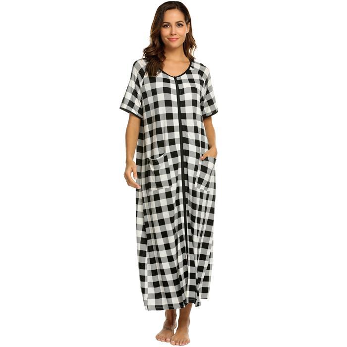Plaid Zipper Pockets Sleepshirt