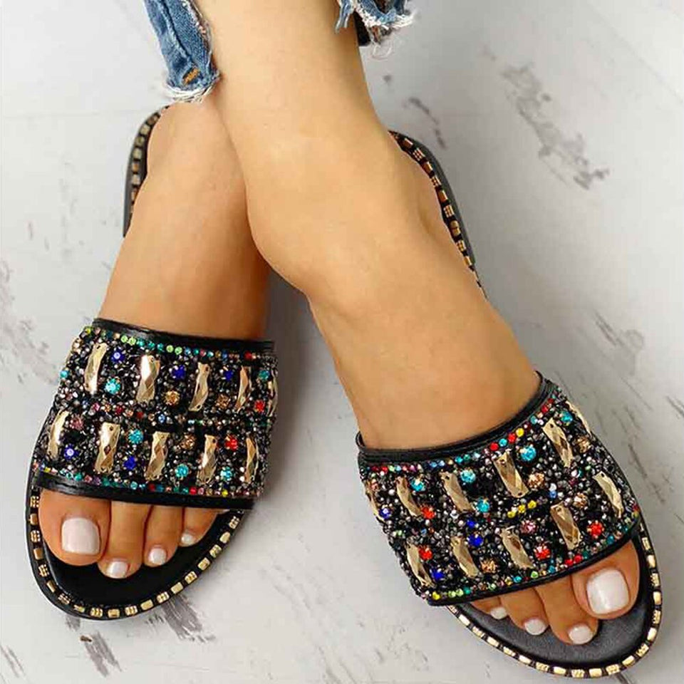 Open Toe Rhinestone Flat Sandals