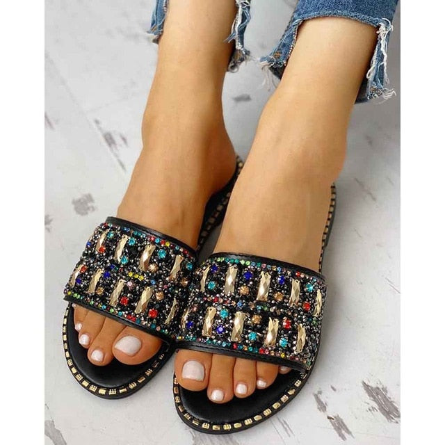 Open Toe Rhinestone Flat Sandals