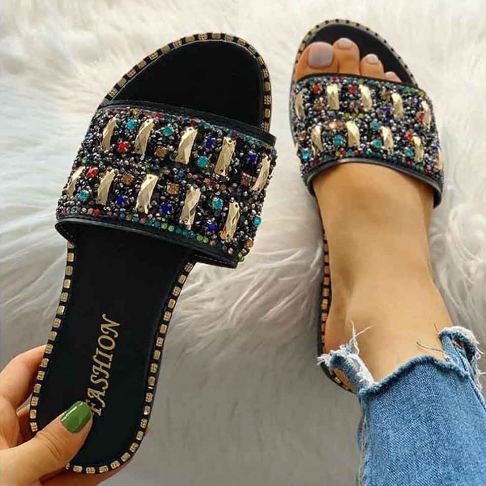 Open Toe Rhinestone Flat Sandals