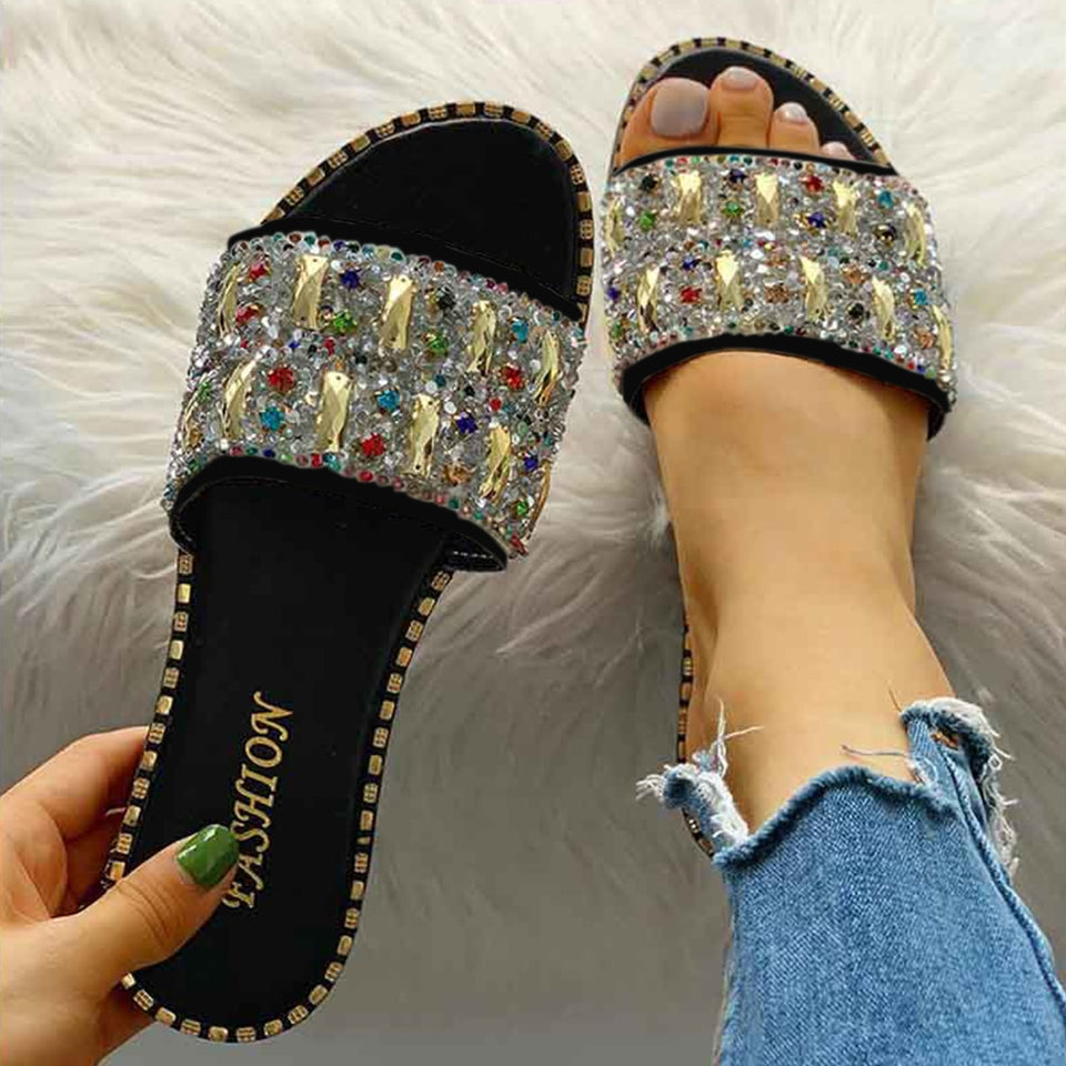 Open Toe Rhinestone Flat Sandals