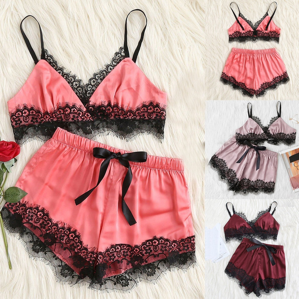 Lace trim Satin Lingerie set