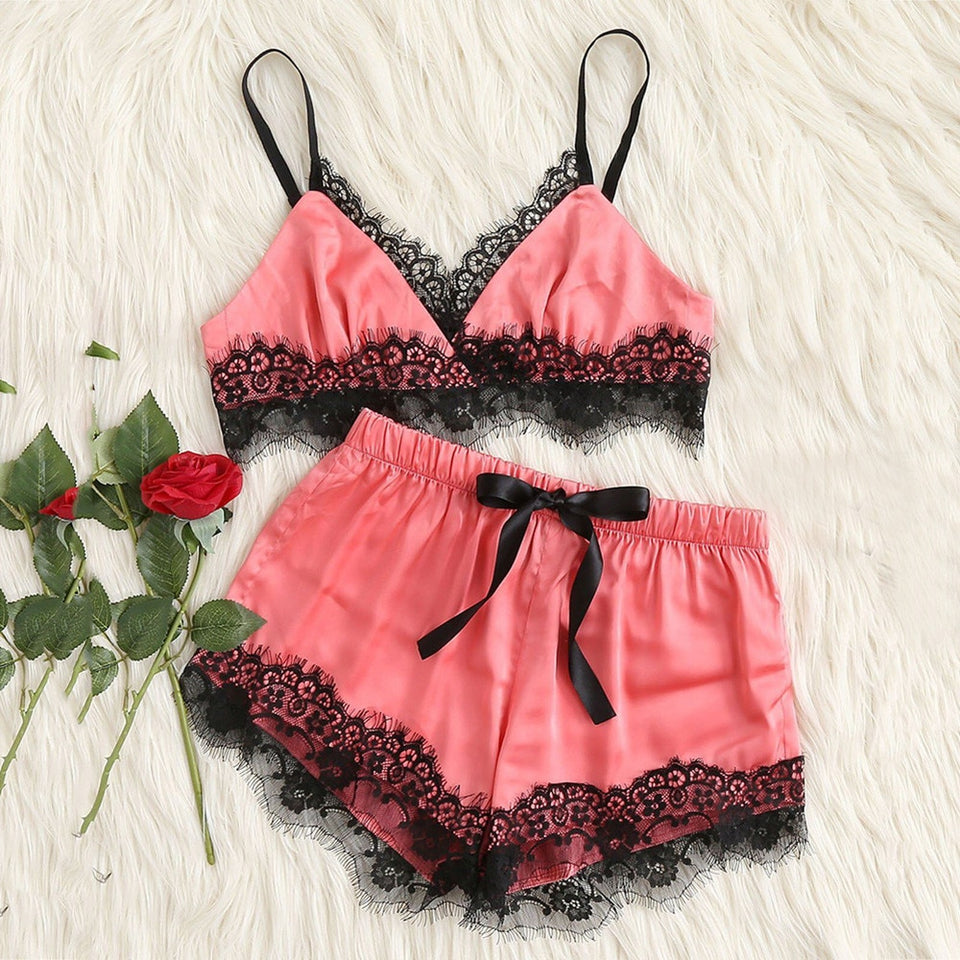 Lace trim Satin Lingerie set