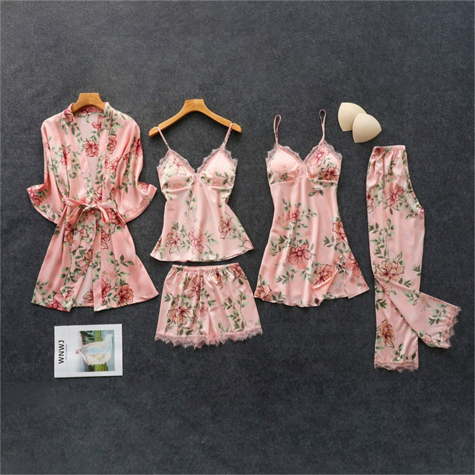 Silk Floral Overall Print 5Pcs Pajama Set