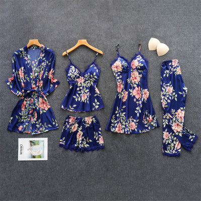 Silk Floral Overall Print 5Pcs Pajama Set