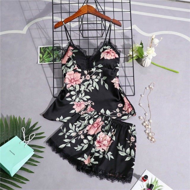 Silk Floral Overall Print 5Pcs Pajama Set