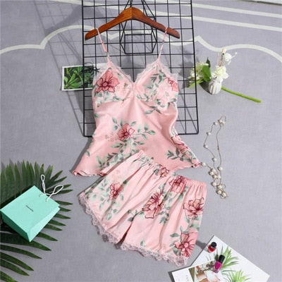 Silk Floral Overall Print 5Pcs Pajama Set