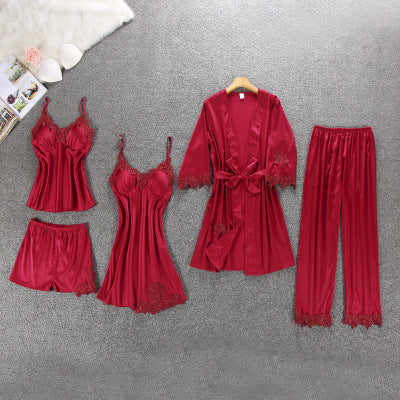 Silk Floral Overall Print 5Pcs Pajama Set