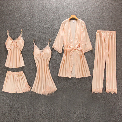 Silk Floral Overall Print 5Pcs Pajama Set