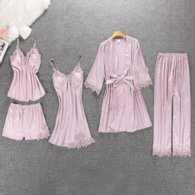 Silk Floral Overall Print 5Pcs Pajama Set