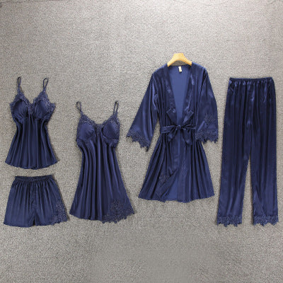 Silk Floral Overall Print 5Pcs Pajama Set