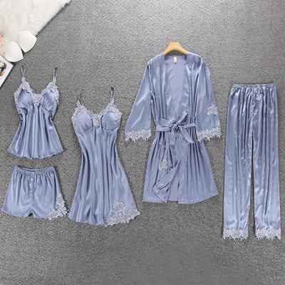 Silk Floral Overall Print 5Pcs Pajama Set