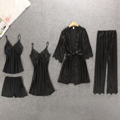 Silk Floral Overall Print 5Pcs Pajama Set
