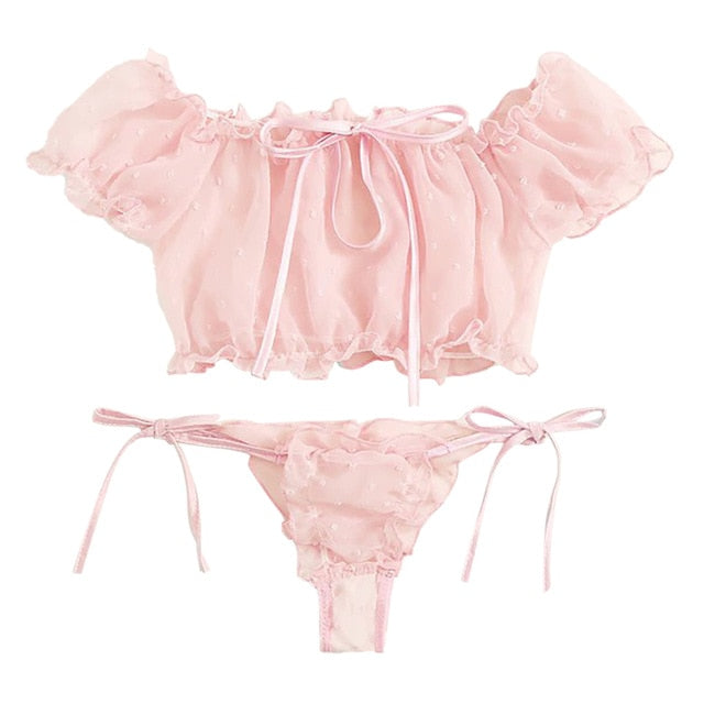 Pleated Mesh Lingerie Set