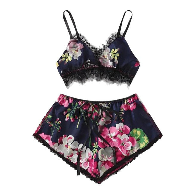 Satin Floral Bow Lingerie Cami set