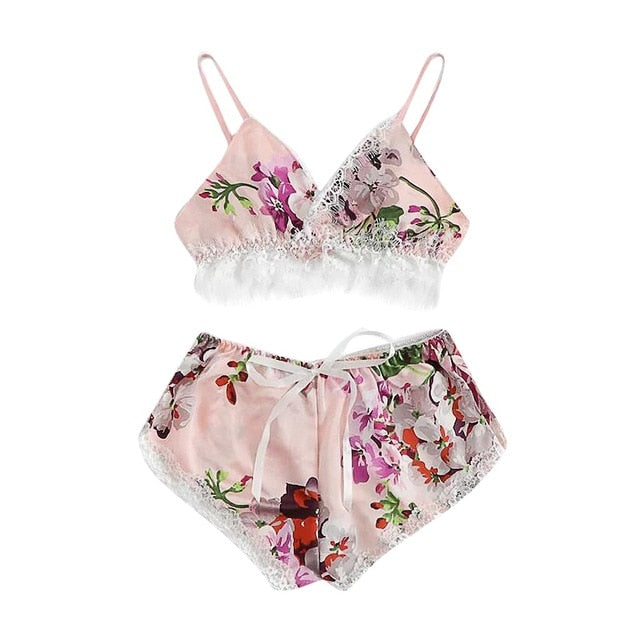 Satin Floral Bow Lingerie Cami set