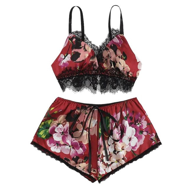 Satin Floral Bow Lingerie Cami set