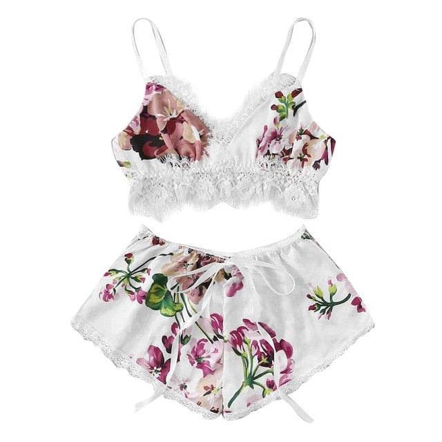 Satin Floral Bow Lingerie Cami set