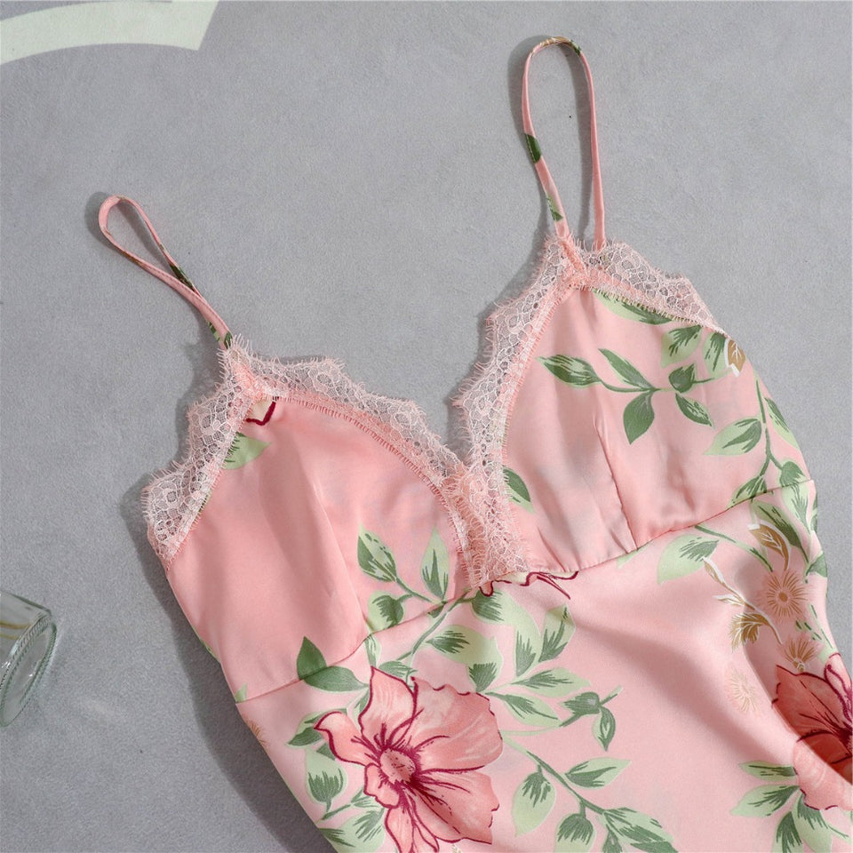 Silk Floral Overall Print 5Pcs Pajama Set