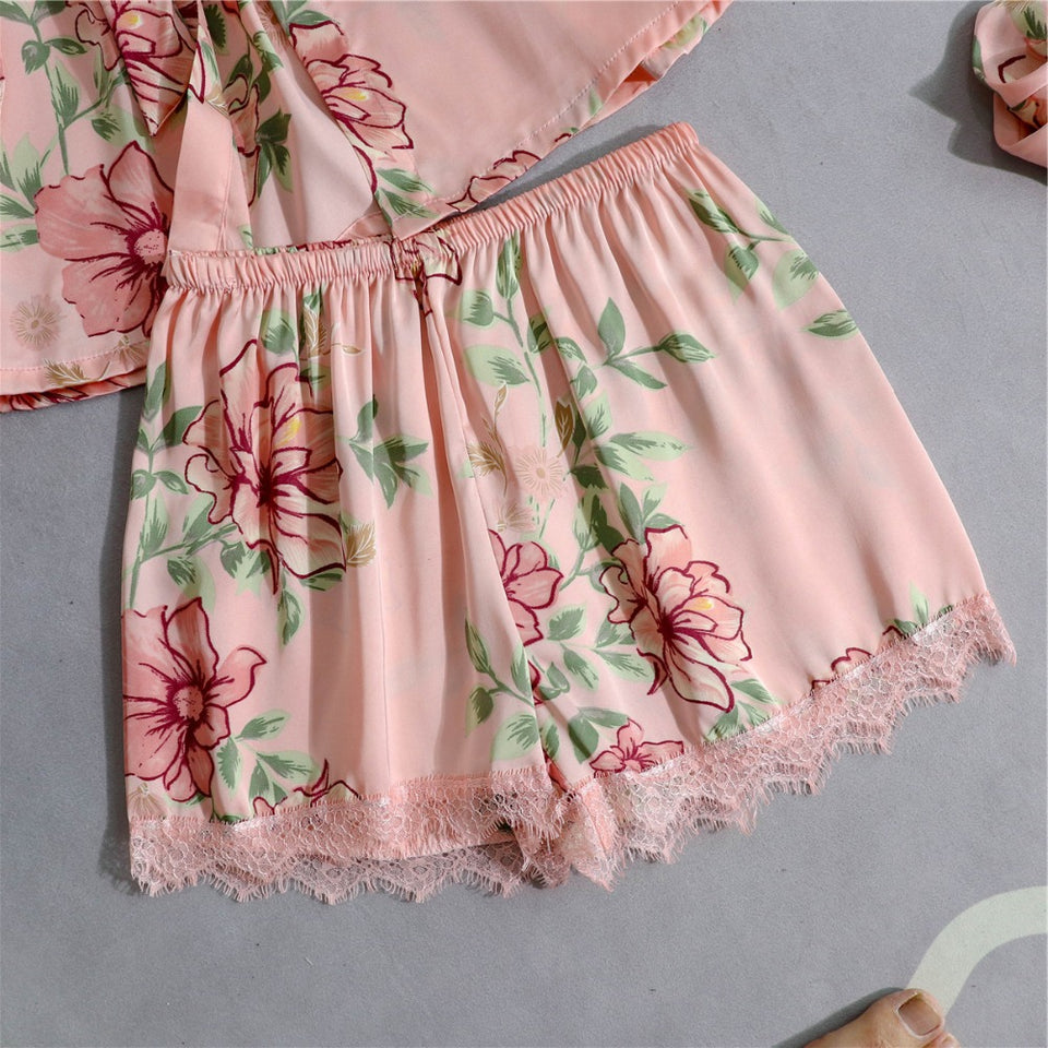 Silk Floral Overall Print 5Pcs Pajama Set
