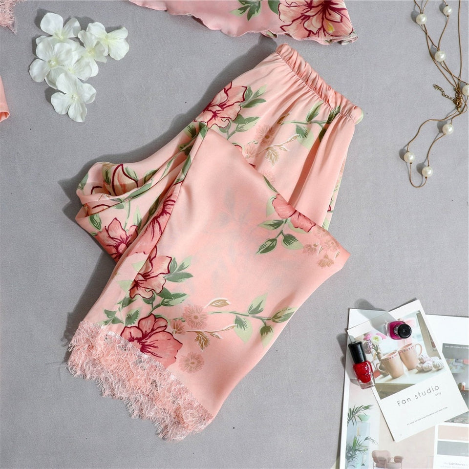 Silk Floral Overall Print 5Pcs Pajama Set