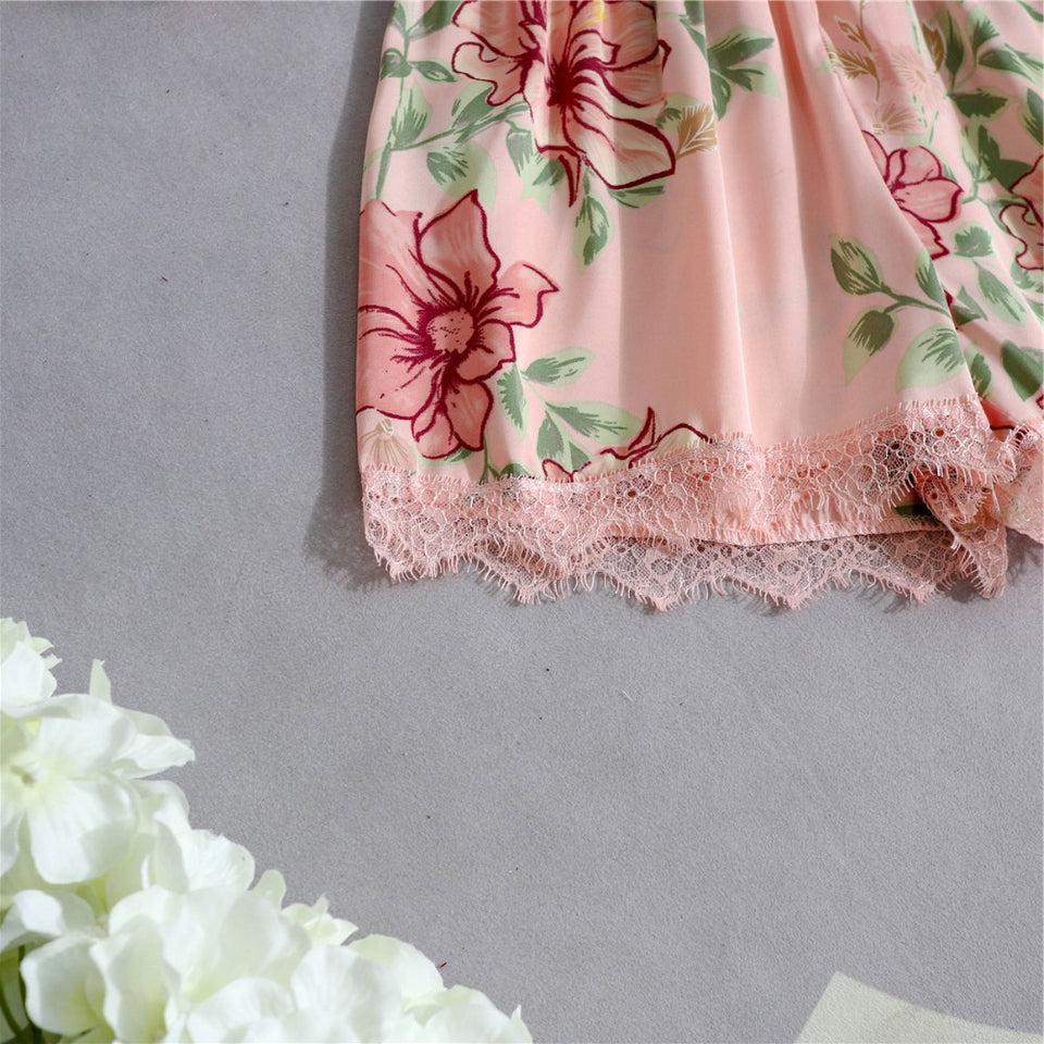 Silk Floral Overall Print 5Pcs Pajama Set