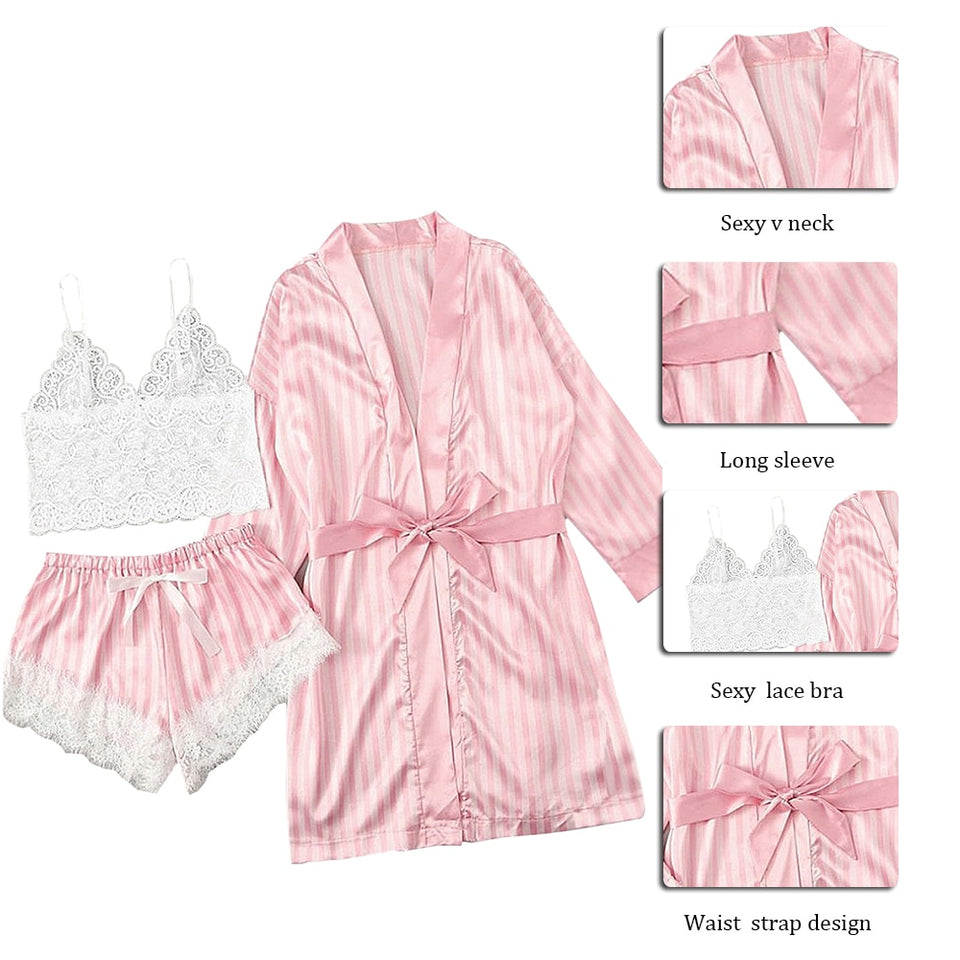 Pink satin laced Cami set with Robe