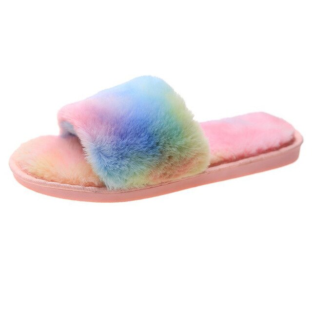 Rainbow Faux Fox Fur Plush Slipper