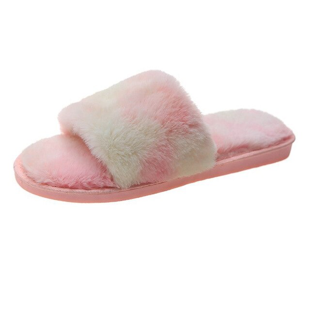 Rainbow Faux Fox Fur Plush Slipper