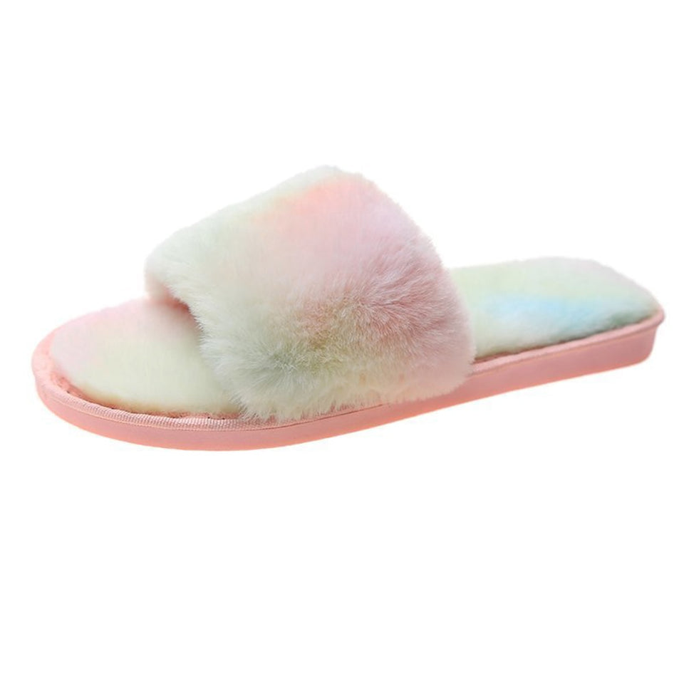 Rainbow Faux Fox Fur Plush Slipper