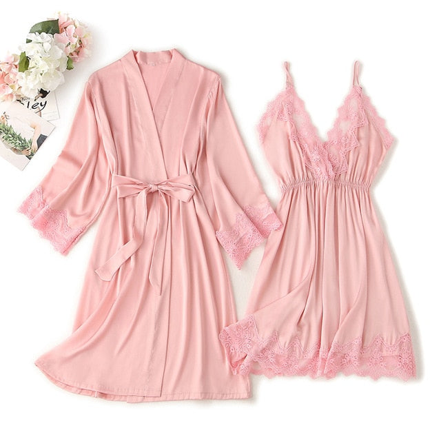 Two pieces lace robe & gown set