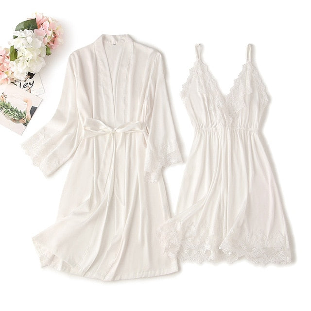 Two pieces lace robe & gown set