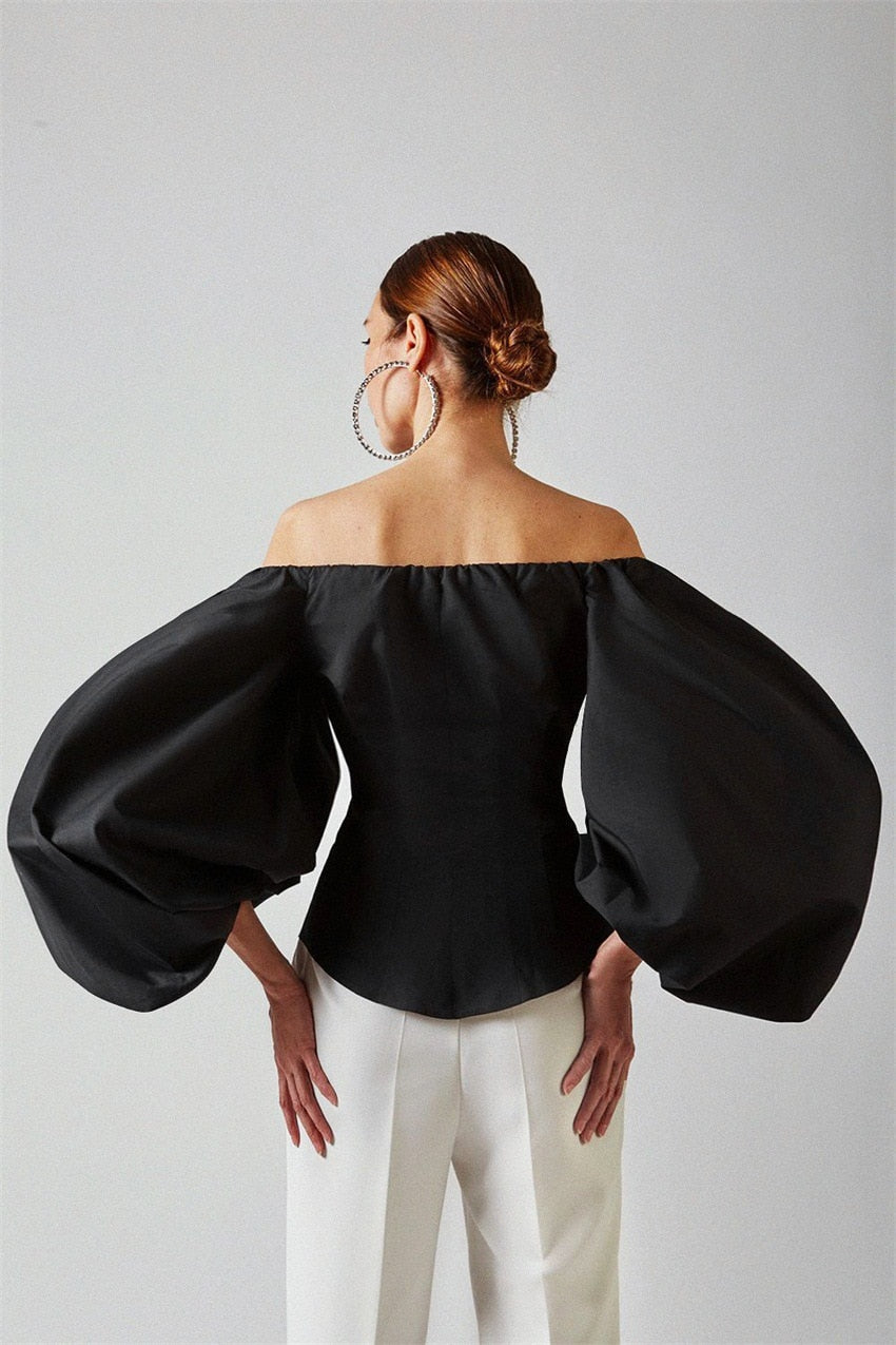 Off Shoulder Lantern Sleeve Khaki Blouse