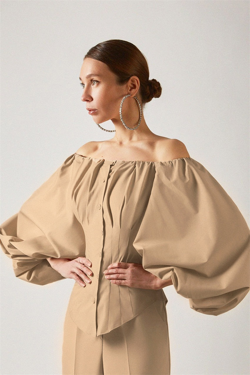 Off Shoulder Lantern Sleeve Khaki Blouse
