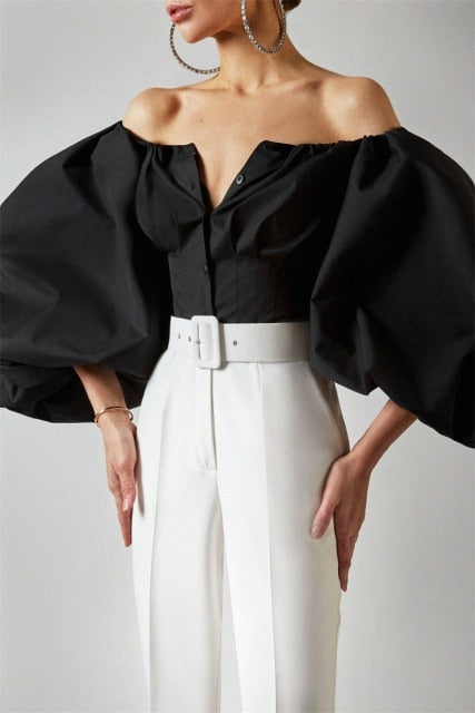 Off Shoulder Lantern Sleeve Khaki Blouse