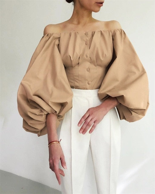 Off Shoulder Lantern Sleeve Khaki Blouse