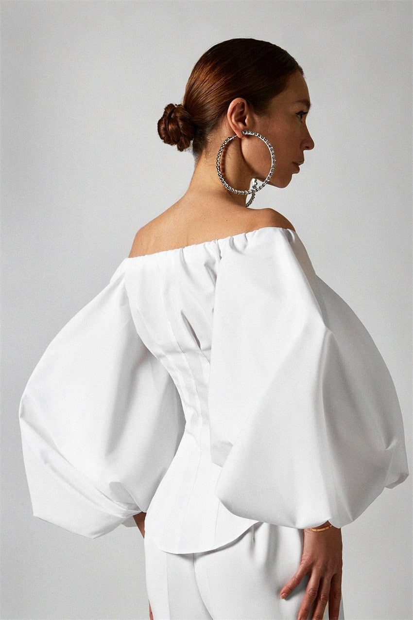 Off Shoulder Lantern Sleeve Khaki Blouse