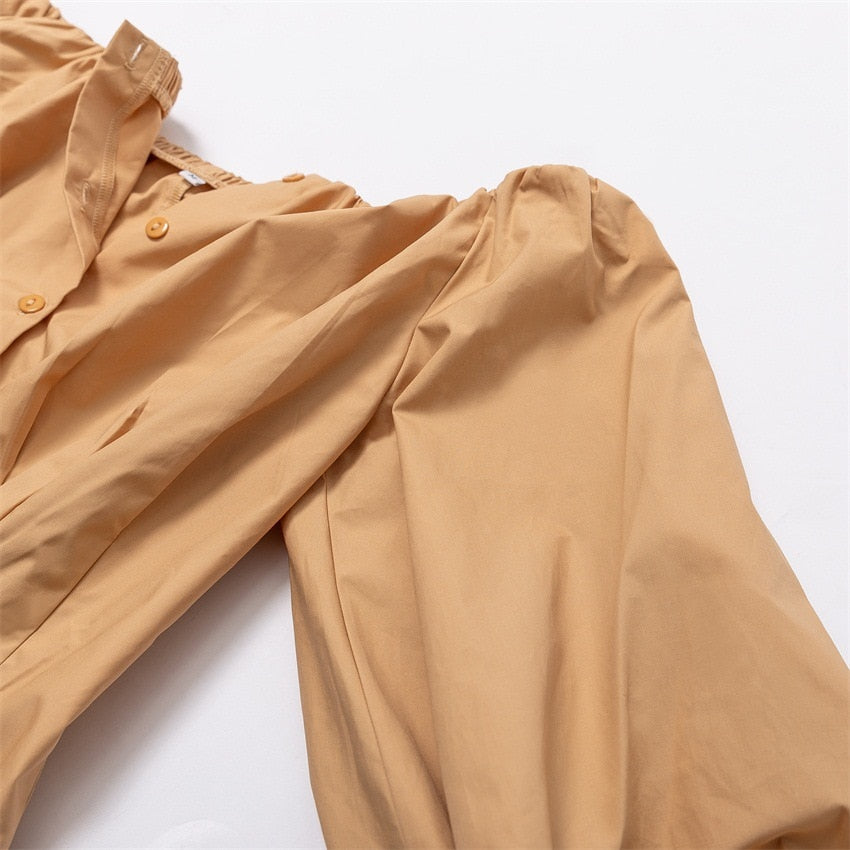 Off Shoulder Lantern Sleeve Khaki Blouse