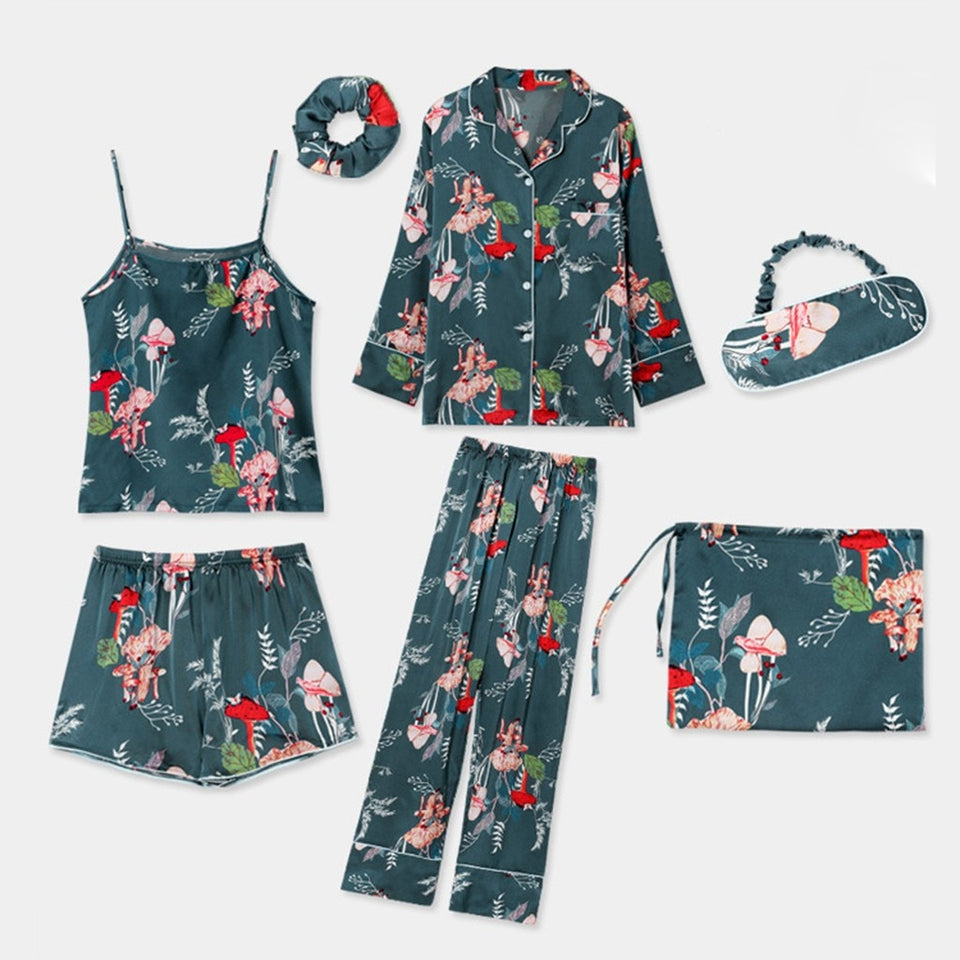 7pcs Satin nature print Pajamas Set