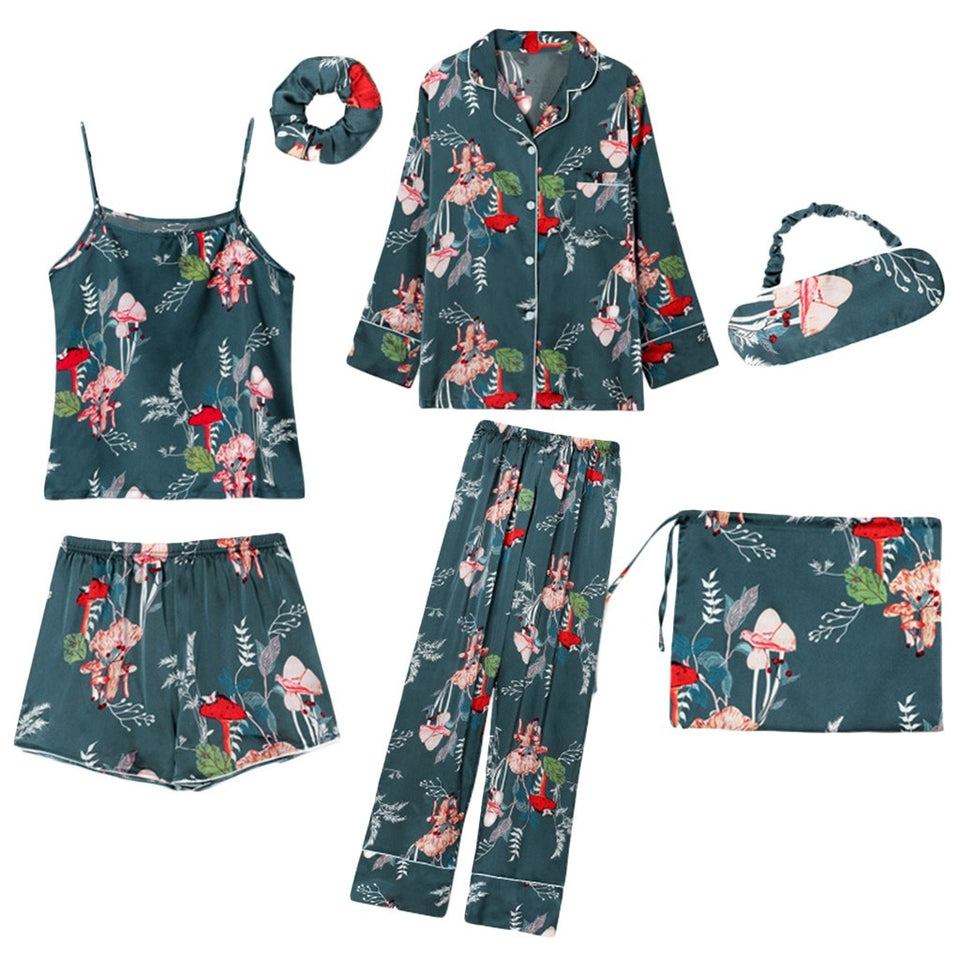7pcs Satin nature print Pajamas Set