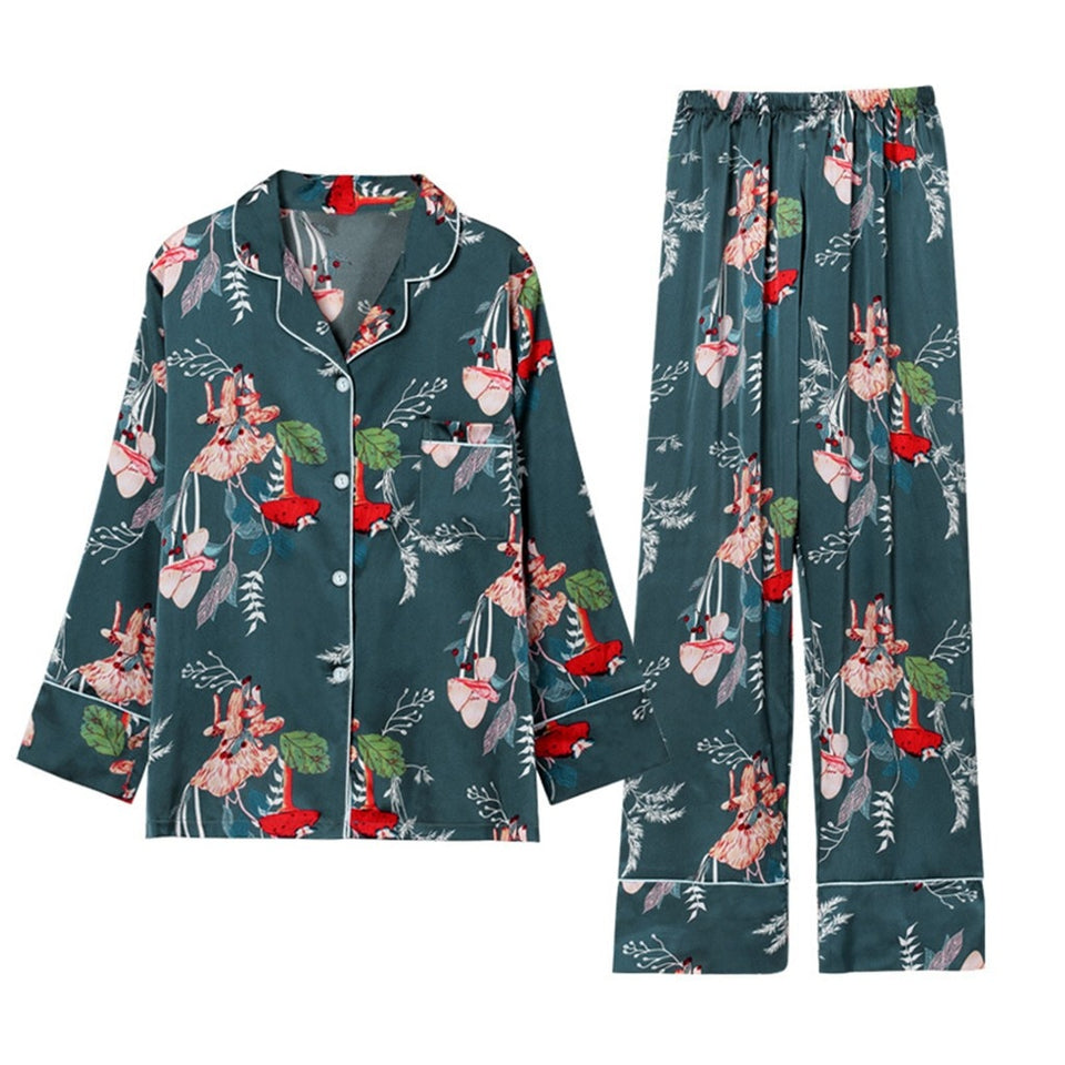 7pcs Satin nature print Pajamas Set
