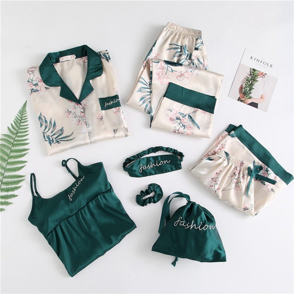 7pcs Satin tropical print Pajamas Set
