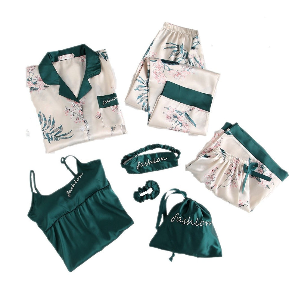 7pcs Satin tropical print Pajamas Set