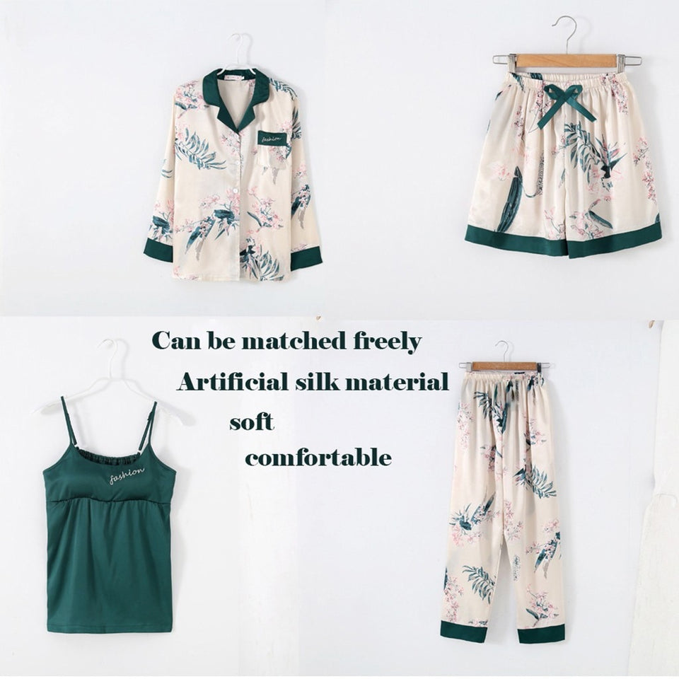 7pcs Satin tropical print Pajamas Set