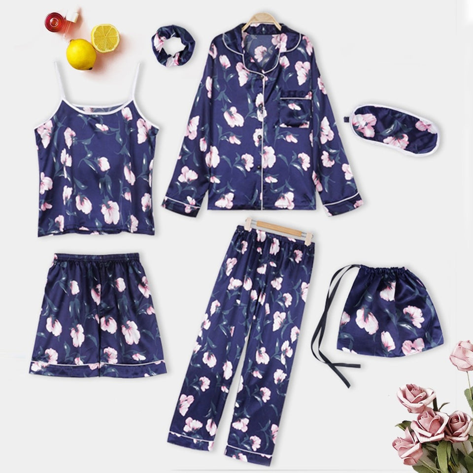 7pcs Satin Floral print Pajamas Set