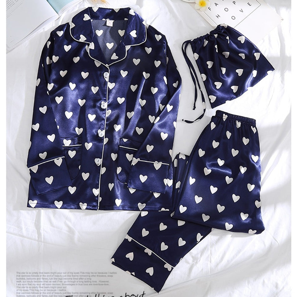 7pcs Satin heart print Pajamas Set