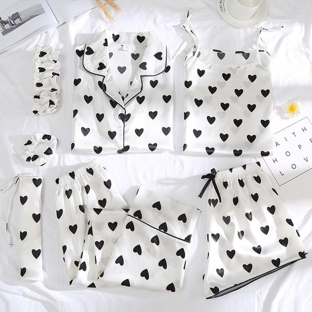 7pcs Satin heart print Pajamas Set