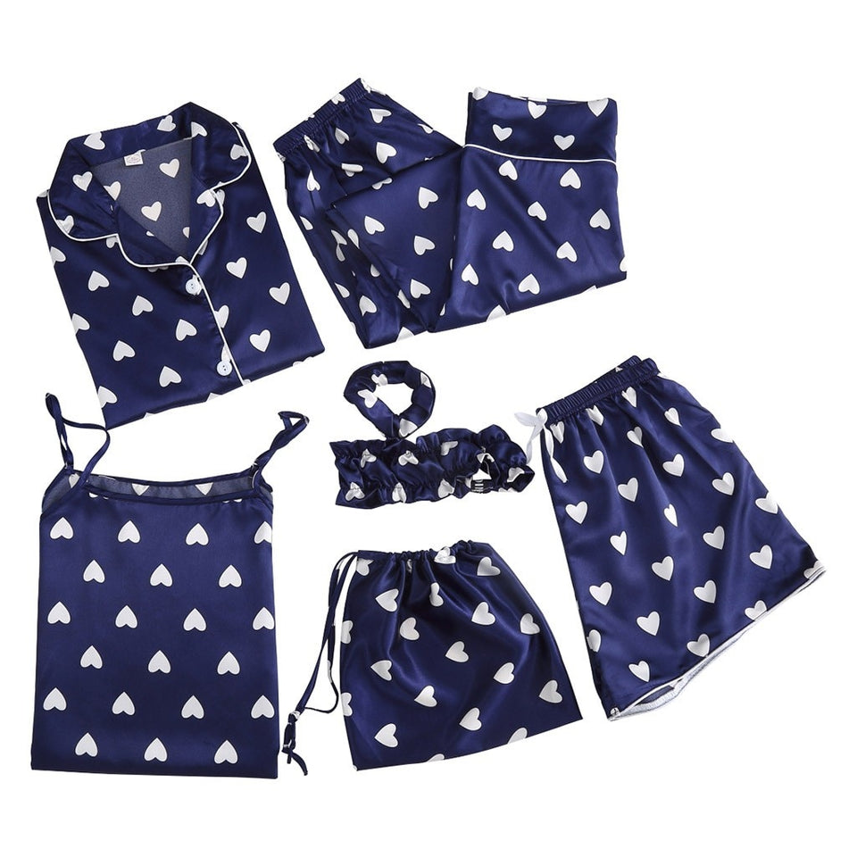7pcs Satin heart print Pajamas Set